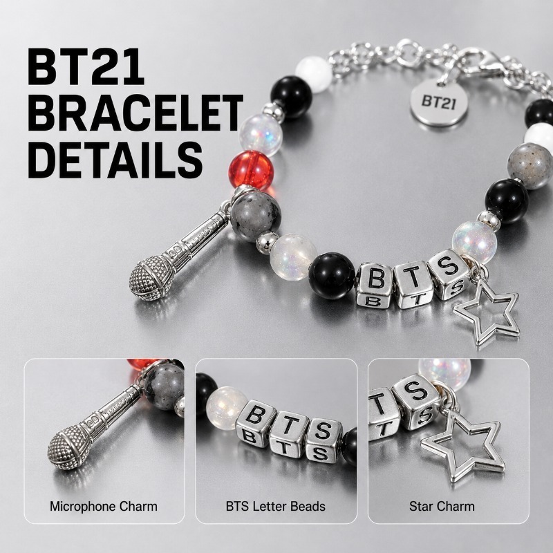 BT21 Black Red Beaded Bracelet - Musical Instrument Jewelry 评论和价格